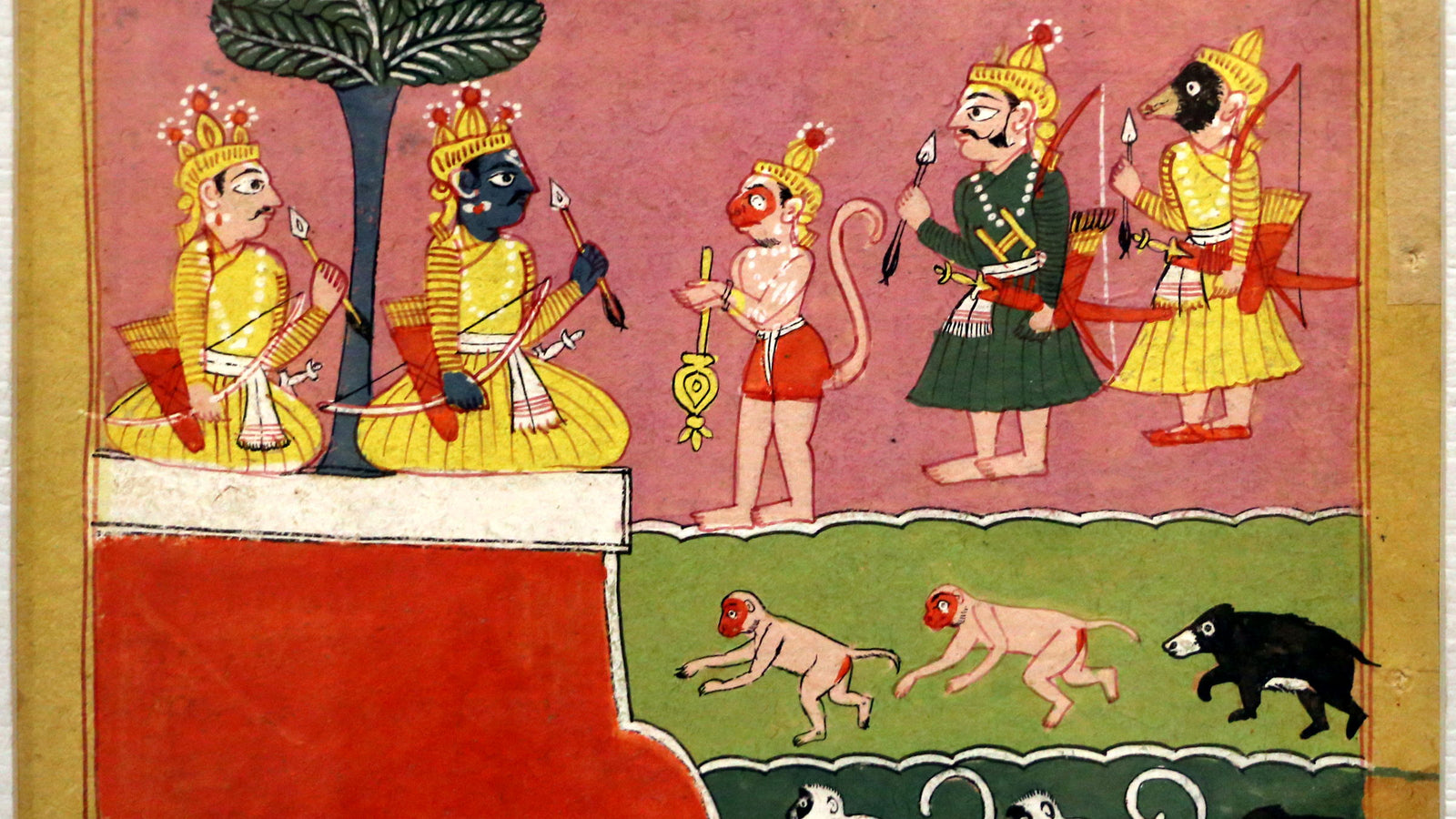 A Malwa painting of Rama and Lakshmana enthroned with Hanuman standing before them and Vibhishana at their side
