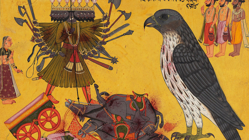 An Indian painting of the ten-headed Ravana with a fan of weapons facing the vulture Jatayu above a wrecked chariot