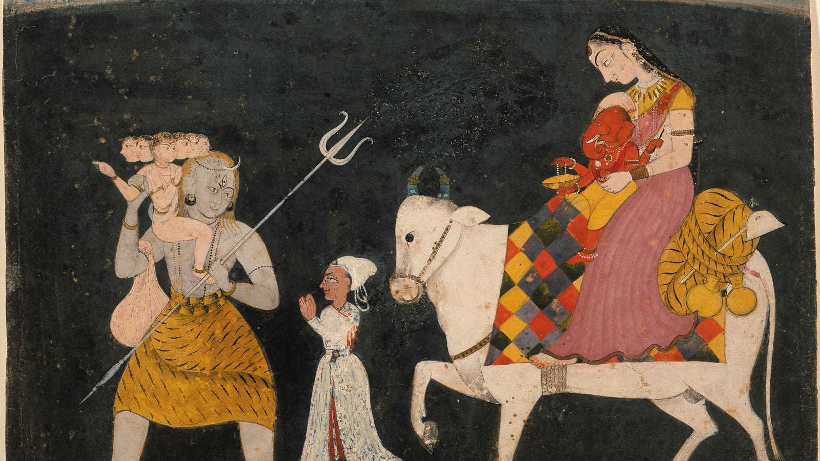 An Indian painting of Shiva walking with his trident while Parvati rides the bull Nandi with a child in her lap
