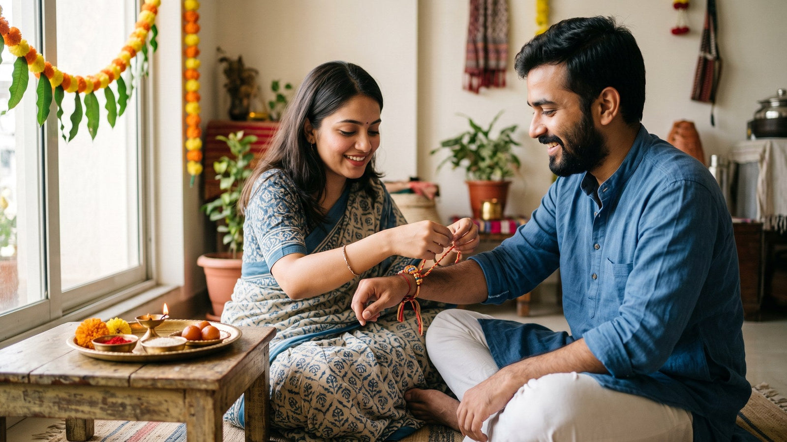 A sister ties a beaded rakhi thread on her brother's wrist beside a thali of vermilion, rice and a lit lamp.