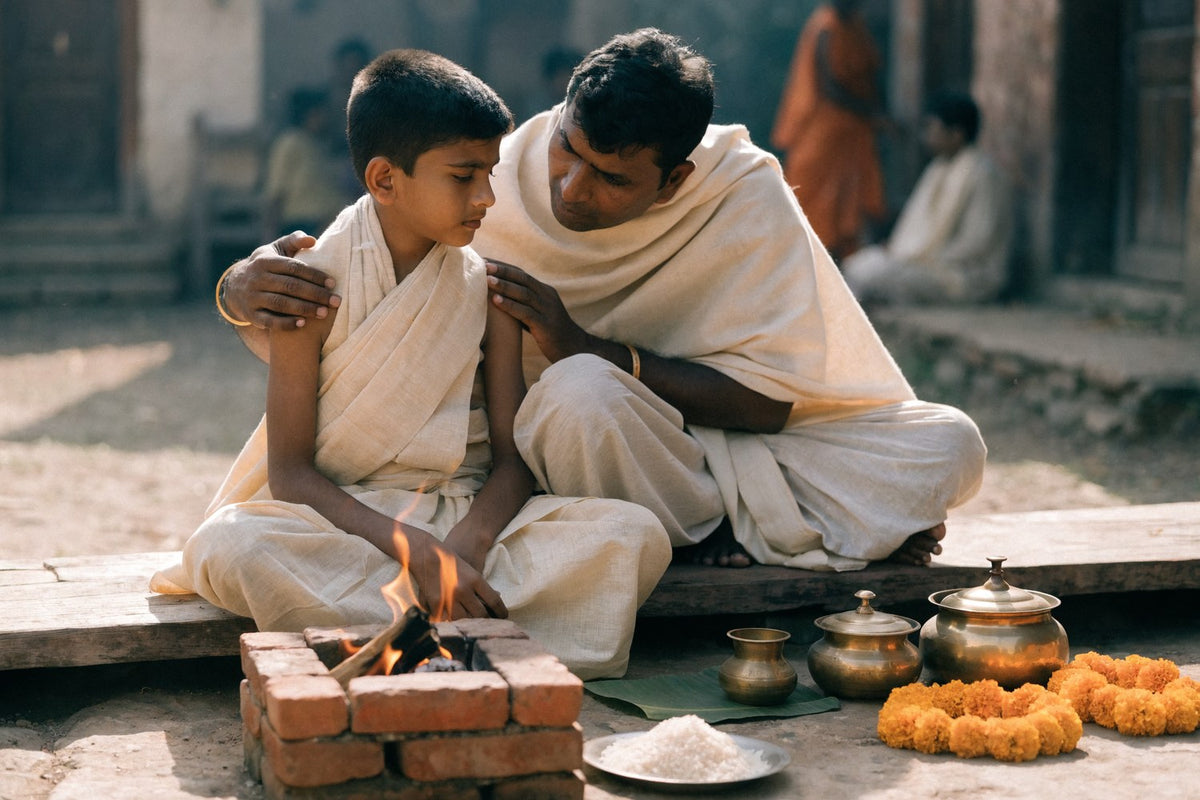 A boy in his first pancha seated with his father at the ceremonial fire during a dhoti function