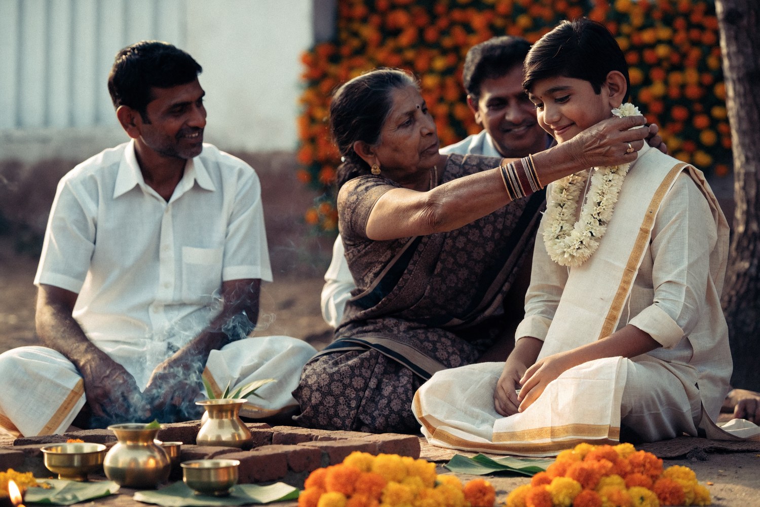 A boy of about eleven in a new pancha at his upanayanam, his grandmother placing a jasmine garland on him beside the homam fire