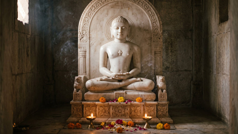 A white marble Jain Tirthankara seated in meditation in a temple sanctum, lamps and marigold at the base.