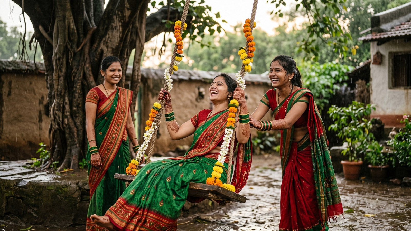 Women in green and red sarees laughing around a flower-wound swing under a banyan tree during the Teej rains.