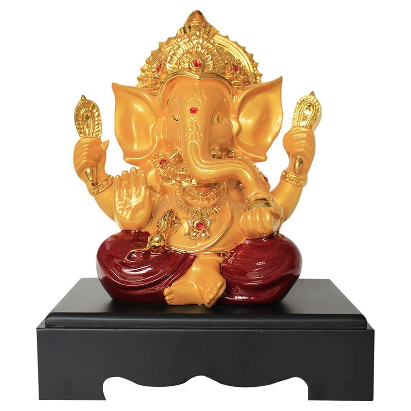 Red and Golden Meditating Lord Ganesh Idol for Home Decor | Temple | Gifting (9.5 inch)