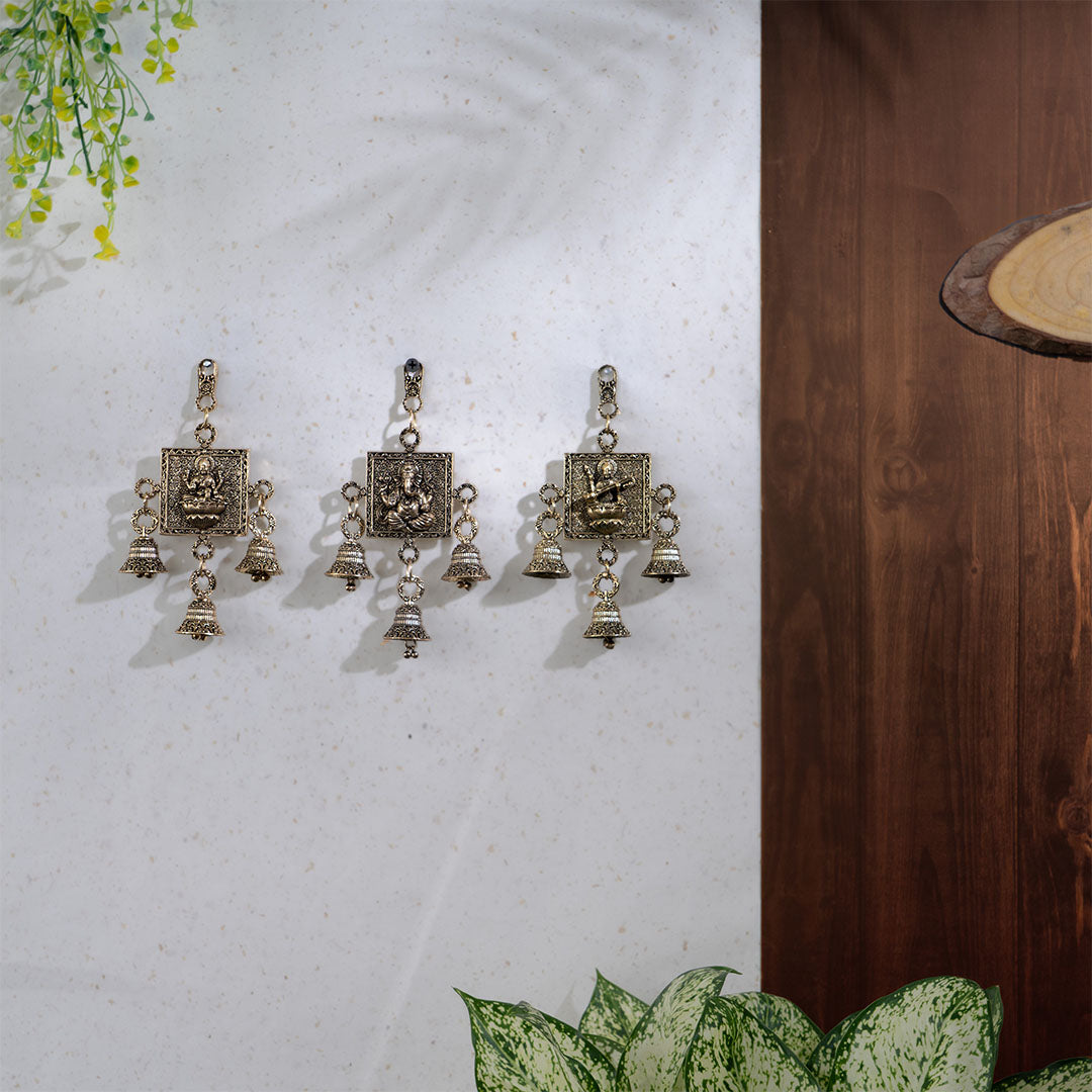 Brass Ganesh Lakshmi Saraswati Wall Hanging With Bells