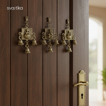 Brass Ganesh Lakshmi Saraswati Wall Hanging With Bells