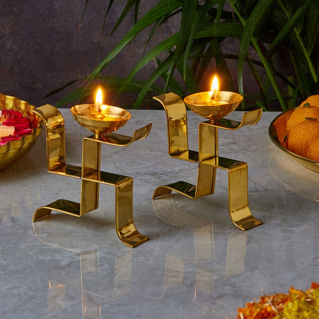 Vertical Swastika Symbol Diya | Brass Akhand Jyoti Diya for Pooja (Set