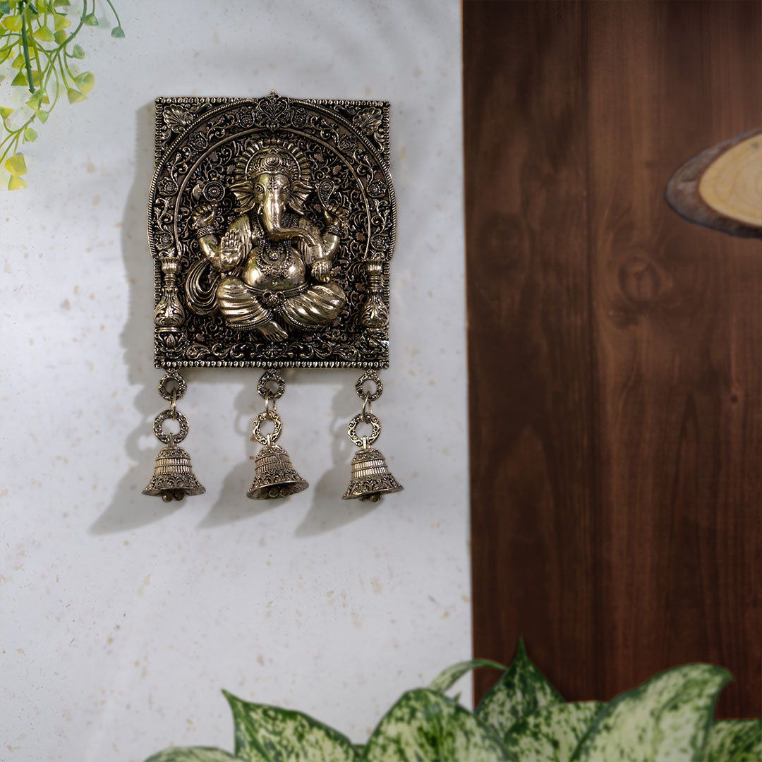 Brass Ganesh Square Frame Wall Hanging with Bells