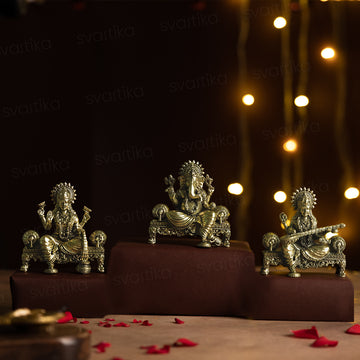 Brass Laxmi Ganesh Saraswati Murti Set | 4" Idols Virajman on Singhasan | Lovely Complete Idol Set for Pooja Room