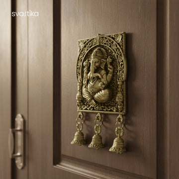 Brass Ganesh Square Frame Wall Hanging with Bells