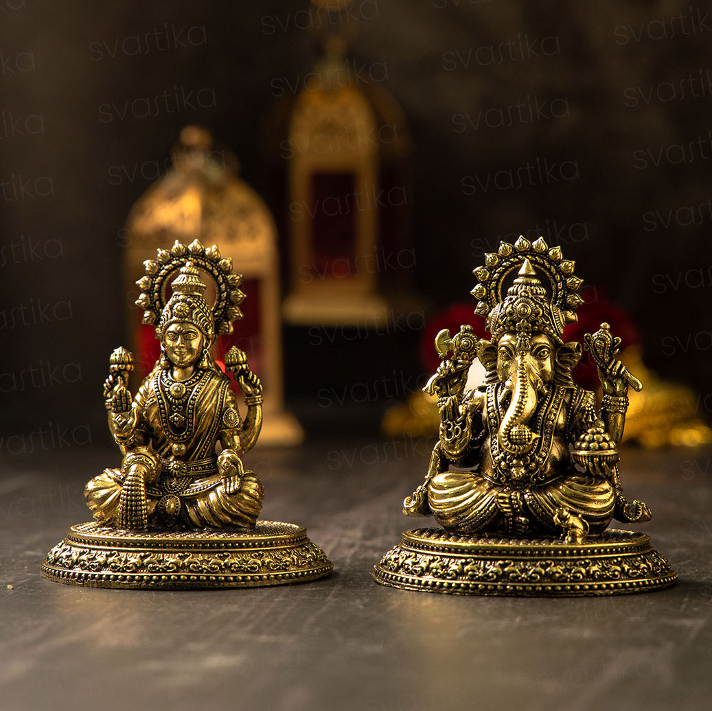 Seated Four-Armed Lakshmi & Ganesha Brass Murti for Pooja | 4 Inch