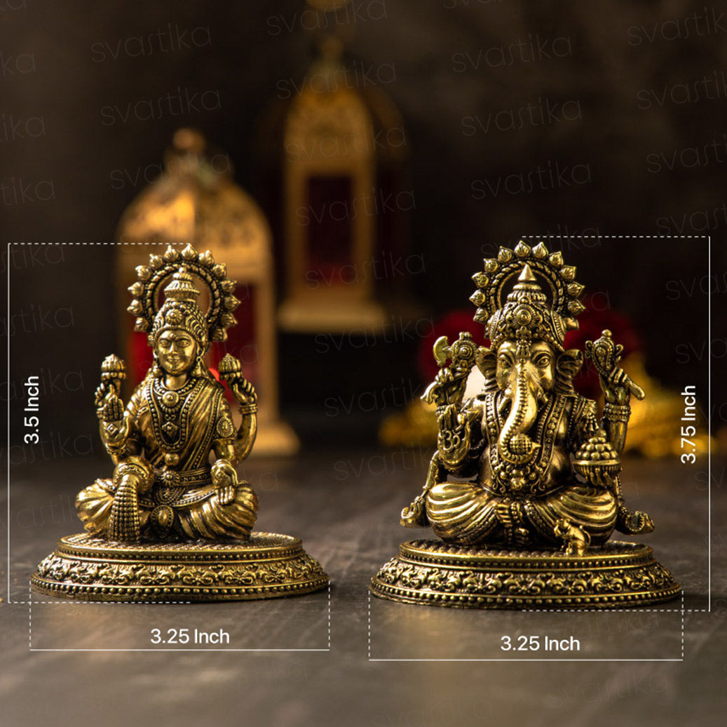 Seated Four-Armed Lakshmi & Ganesha Brass Murti for Pooja | 4 Inch