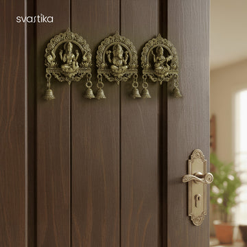 Brass Lakshmi Ganesh Saraswati Wall Hanging With Bells
