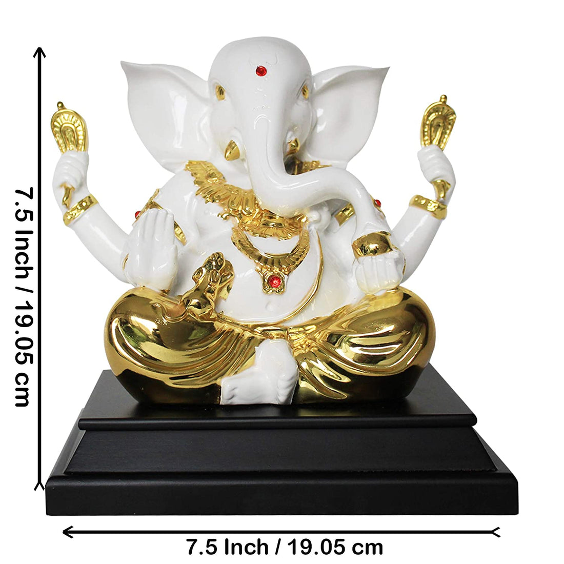 24K Gold Plated Ganesha Idol with Wooden Base - White (7.5 Inch)