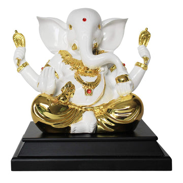 24K Gold Plated Ganesha Idol with Wooden Base - White (7.5 Inch)