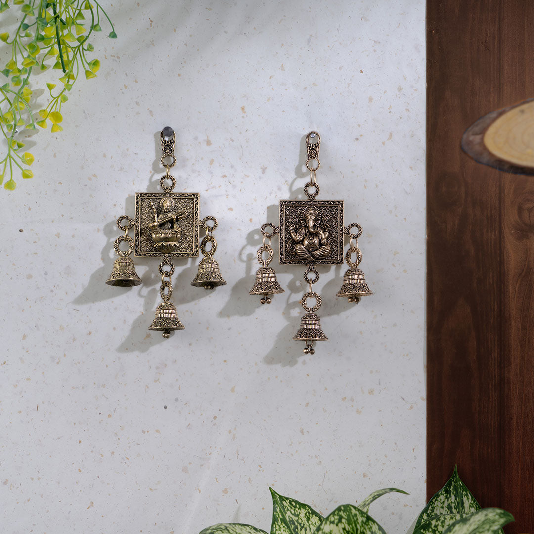 Brass Lakshmi Ganesh Wall Hanging With Bells