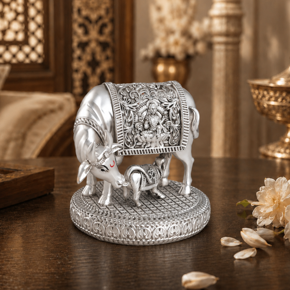 Silver plated  Kamdhenu Cow with Calf Idol
