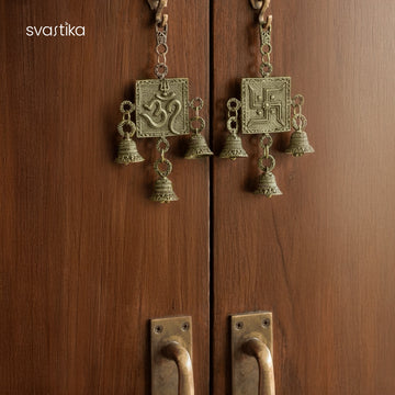 Brass Om Swastik Wall Hanging With Bells