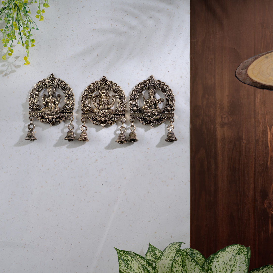 Brass Lakshmi Ganesh Saraswati Wall Hanging With Bells