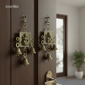 Brass Lakshmi Ganesh Wall Hanging With Bells