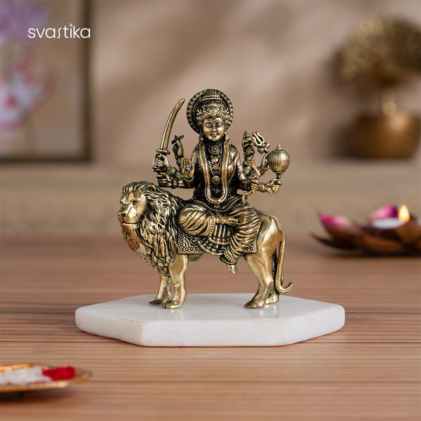 Brass 8 Armed Maa Durga Idol Sitting on Lion (4 Inch)