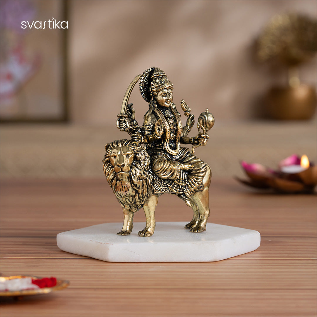 Brass 8 Armed Maa Durga statue Sitting on Lion 