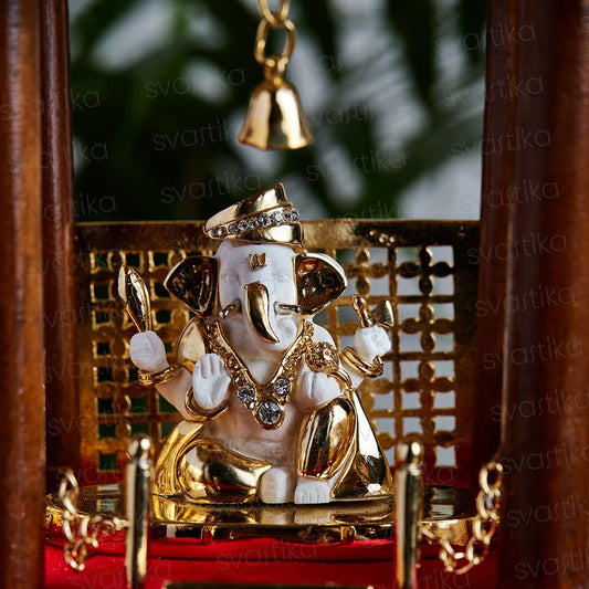 24K Gold Plated Marble Dust Seated Ganesh in Mandir Idol