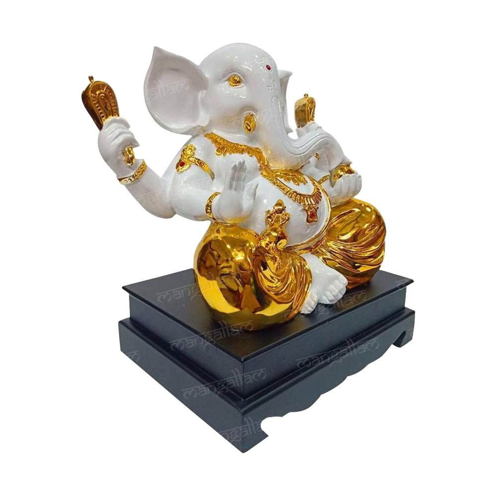 Gold Plated Lord Ganesha Idol With Wooden Base For Home Decor, Temple, And Gifting (17 Inch)