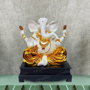 Gold Plated Lord Ganesha Idol With Wooden Base For Home Decor, Temple, And Gifting (17 Inch)