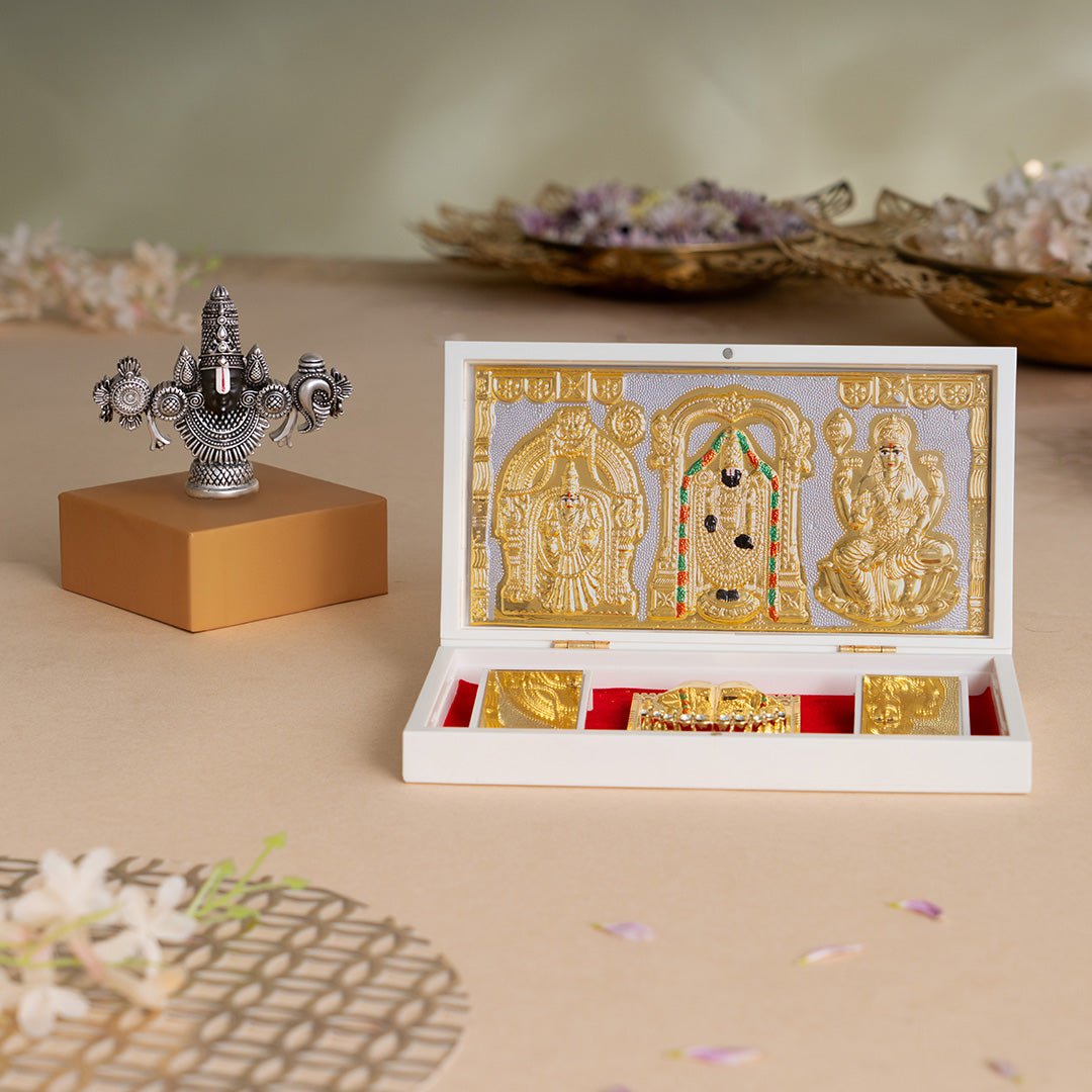 Lord Balaji Face Idol - Silver Plated (4 Inch) with Svastika Balaji Pocket Temple - Gold Plated (Small) - Combo