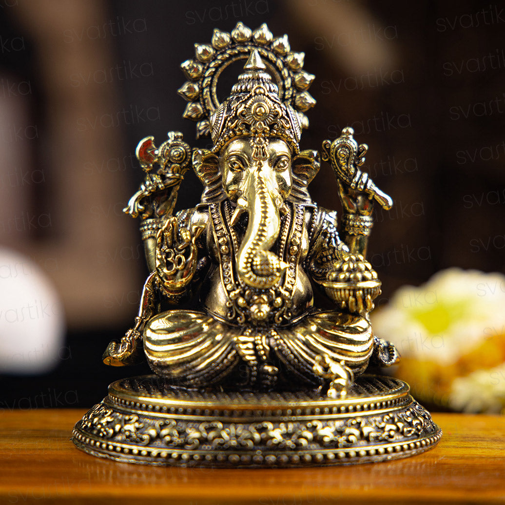 Delicately Crafted Sitting Ganesha Premium Brass Murti | 4 Inch