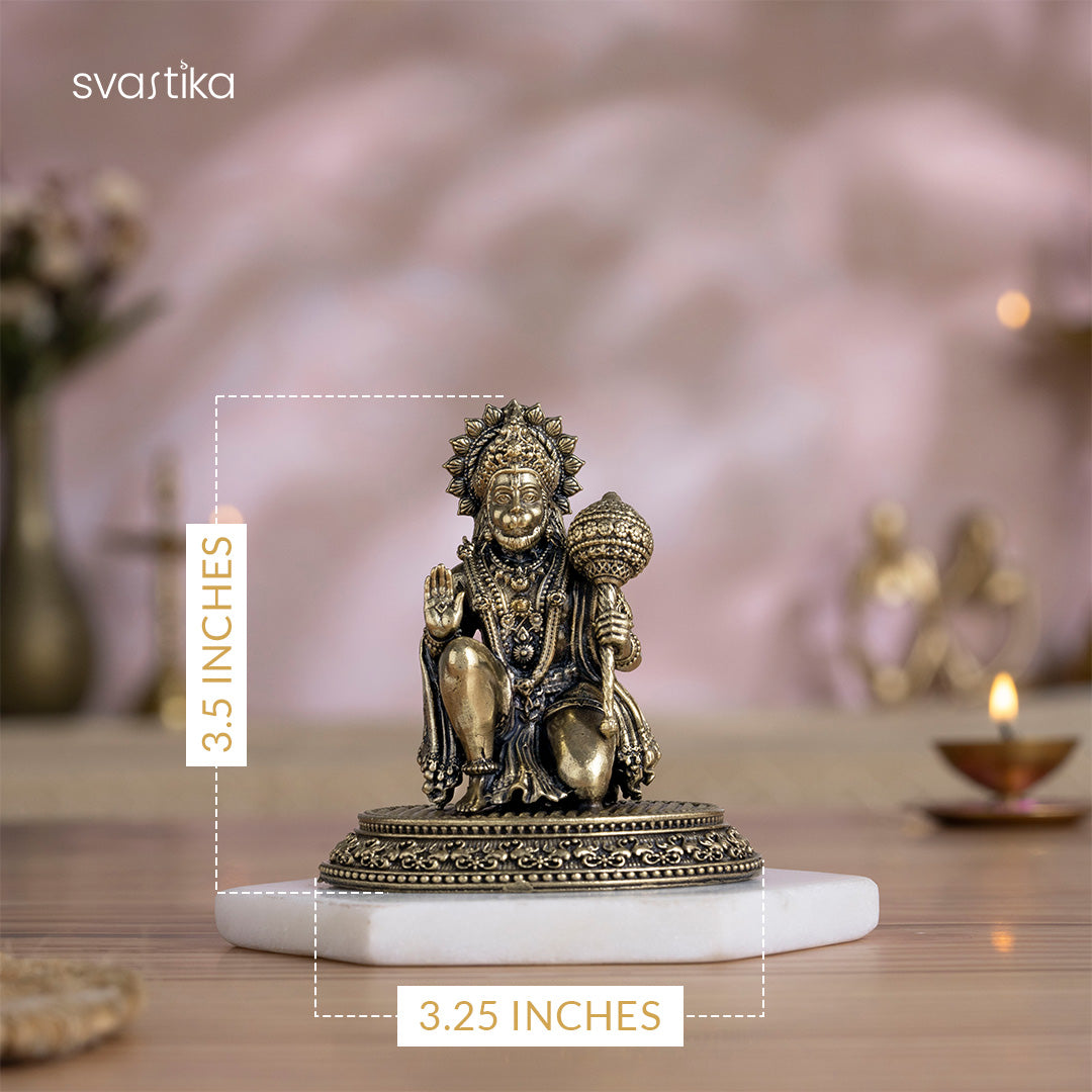 4 inch kneeling hanuman brass idol with blessing mudra