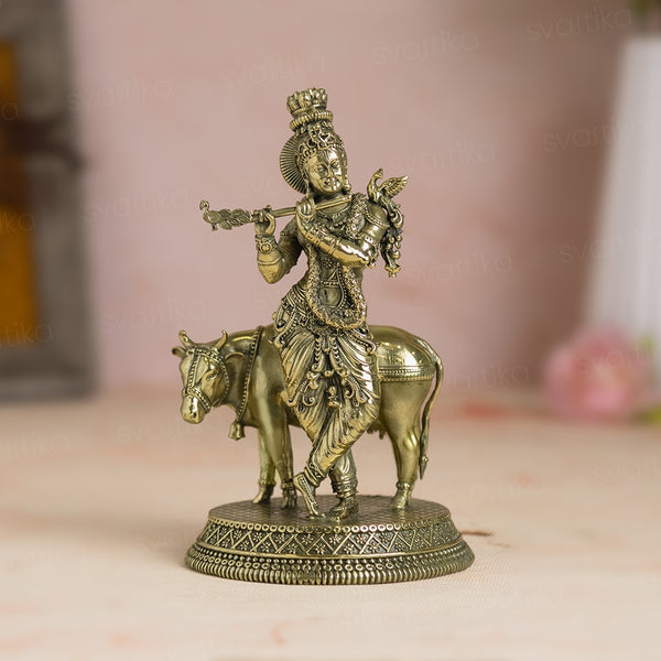 Brass Standing krishna statue with cow (7 Inch)