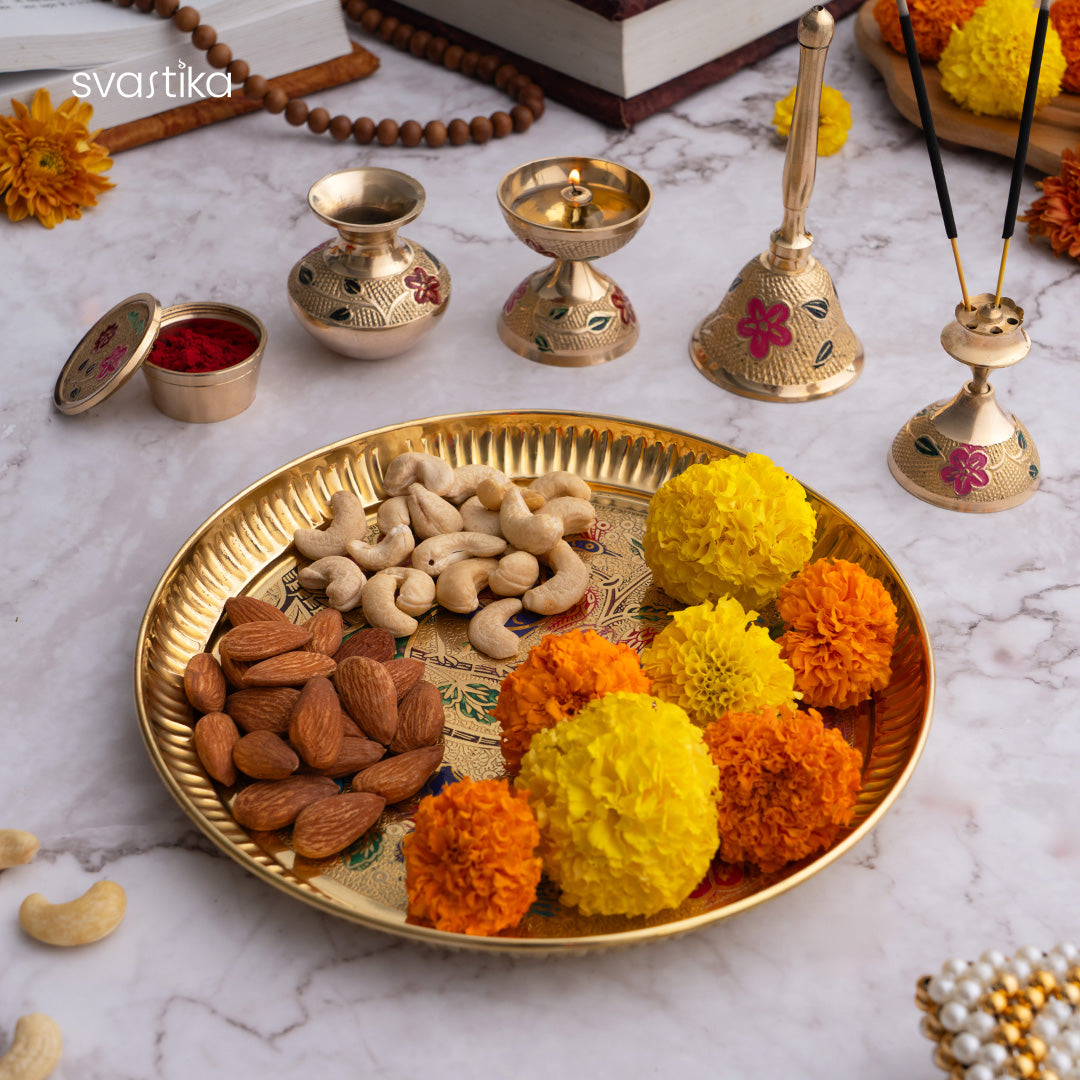 Brass Peacock Meenakari Pooja Thali 