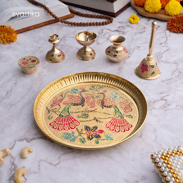 Brass Peacock Meenakari Pooja Thali (8 Inch)