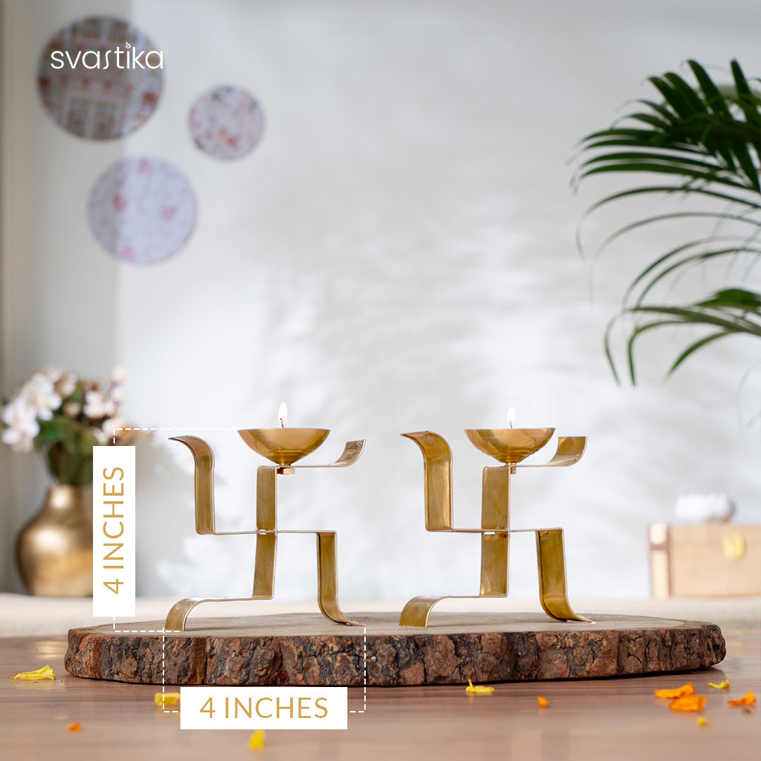 Brass Vertical Swastika Symbol Diyas (Set of 2)