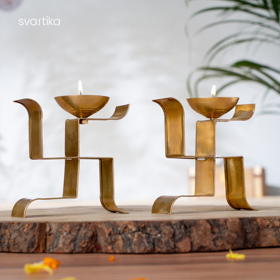 Brass Vertical Swastika Symbol Diyas (Set of 2)