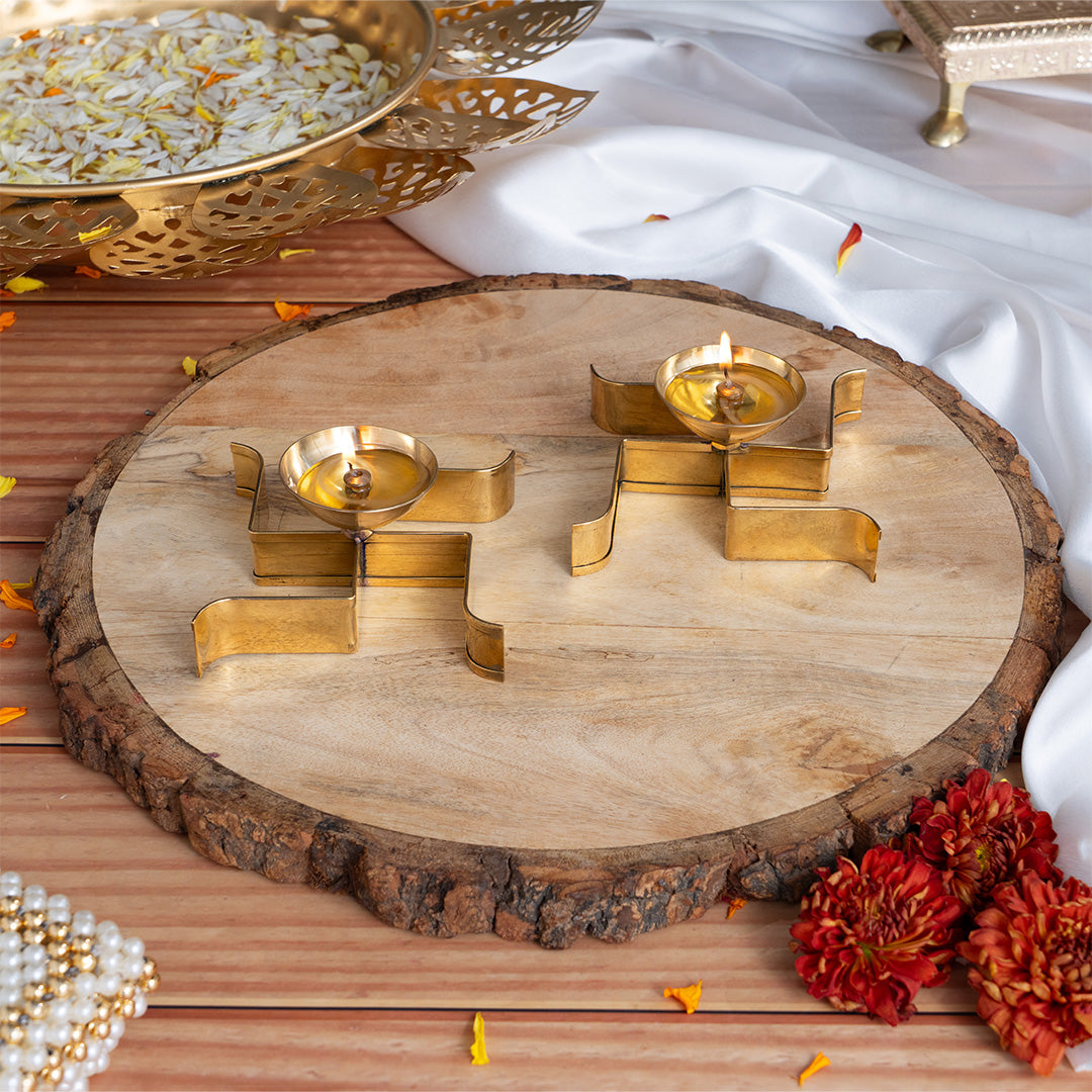 Brass Horizontal Swastika Symbol Diya (Set of 2)