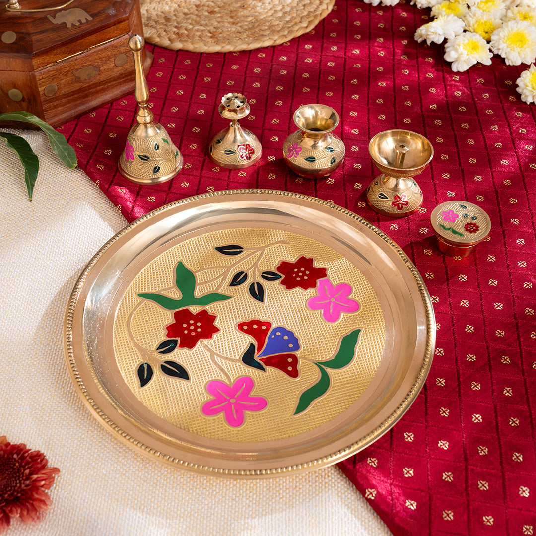 Brass Designer Meenakari Pooja Thali (10 Inch)