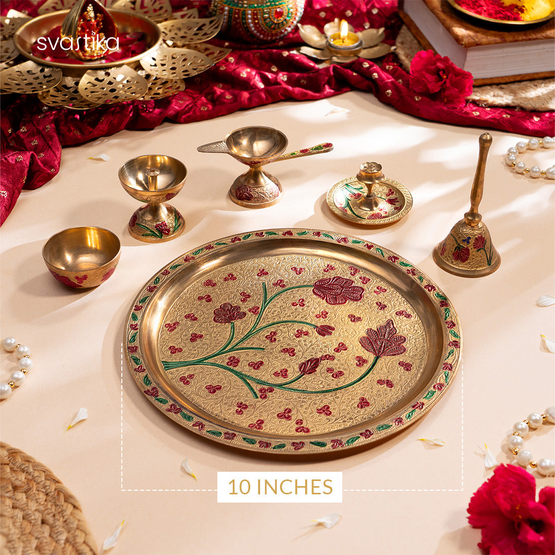 Brass Floral Meenakari Pooja Thali (10 Inch)