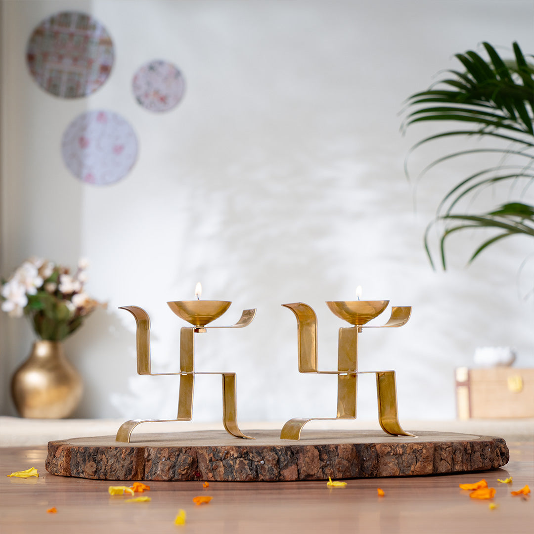 Brass Vertical Swastika Symbol Diyas (Set of 2)