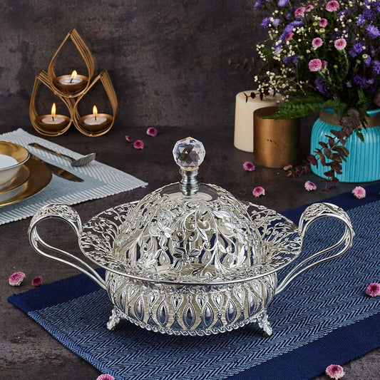 Decorative Luxury Silver Bowl with Lid | Dry Fruits | Snacks | Salad Serving