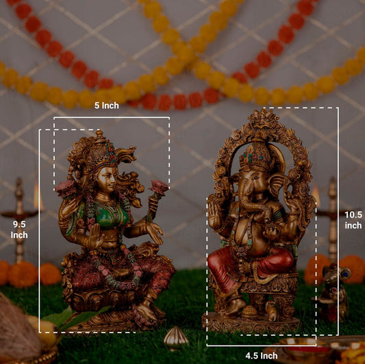 Svastika Ganesh Lakshmi Murti Pair (Antique Finish) - 10 Inch