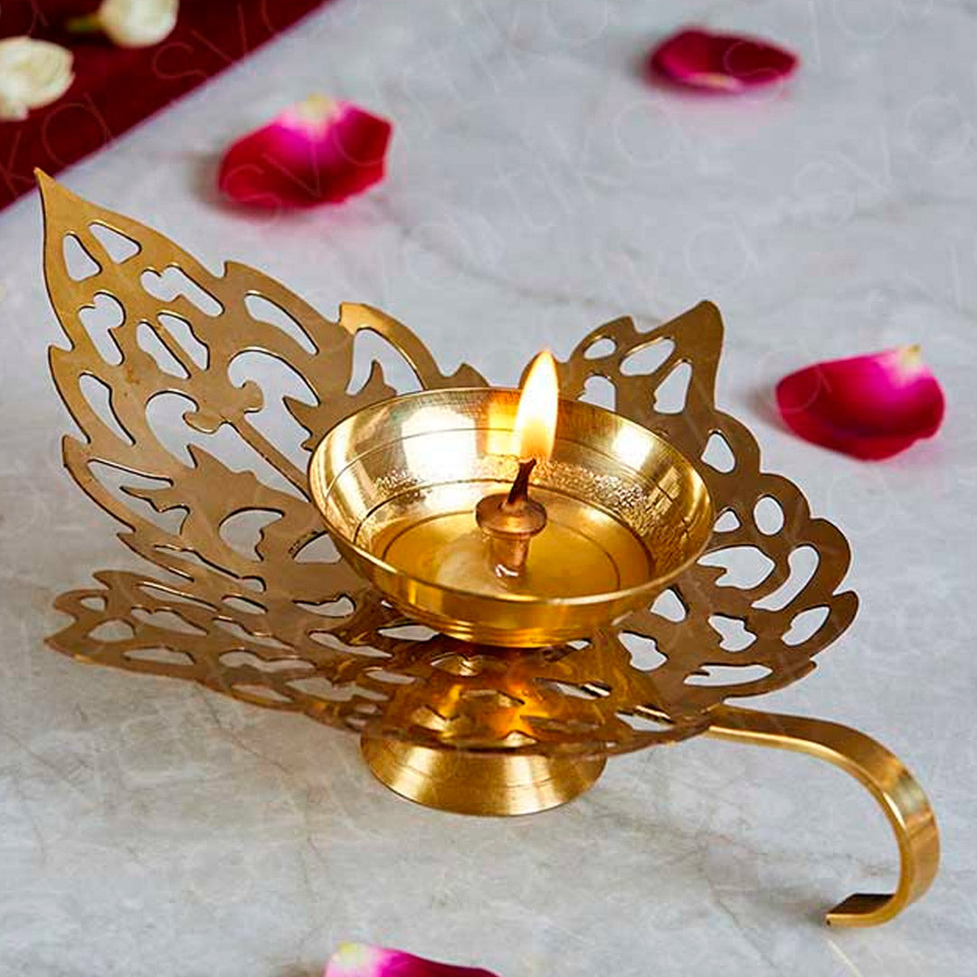 Svastika Leaf-Shaped Brass Diya For Pooja | Brass Aarti Diya with Handle