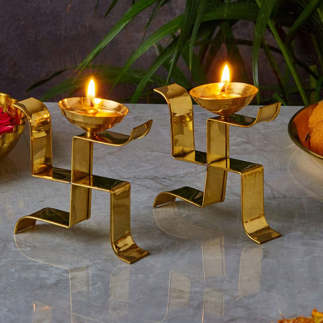 Vertical Swastika Symbol Diya | Brass Akhand Jyoti Diya for Pooja (Set