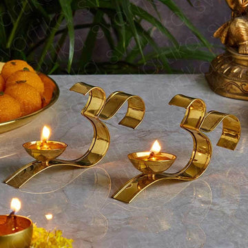 Svastika OM-Shaped Brass Diya | 3" Brass Aarti Diya with Handle | Designer Diya Set (Set of 2)