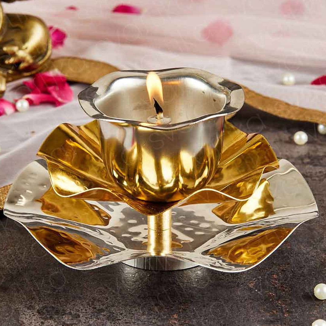 Brass Lotus Shaped Diya - Gold & Silver Finish (4 Inch)