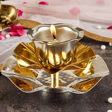 Svastika Brass Lotus Diya | 4" Lotus Shaped Pooja Brass Diya with Gold & Silver Finish