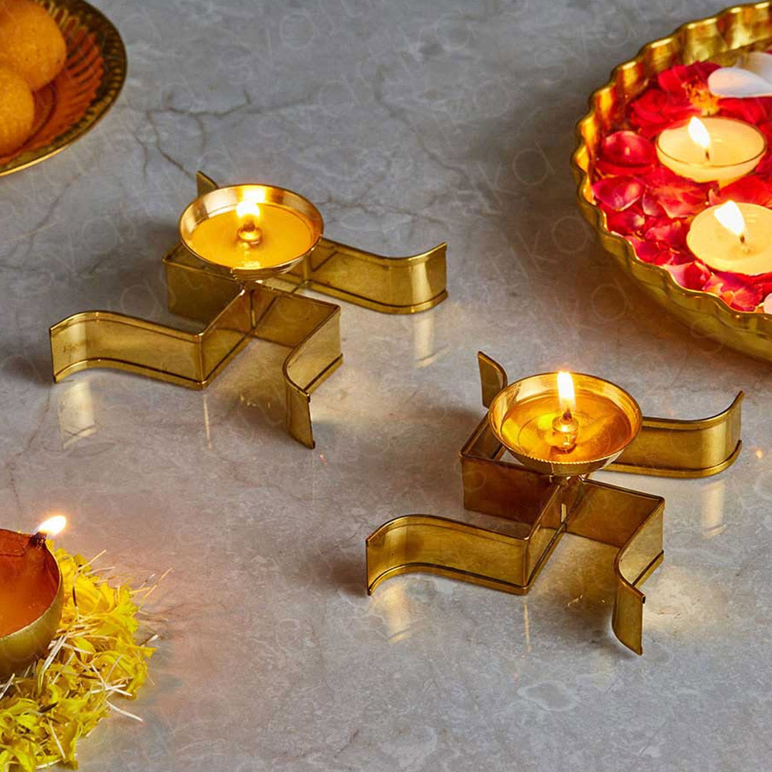 Horizontal Swastika Symbol Diya | Brass Diya Set for Pooja & Home Décor (Set of 2)